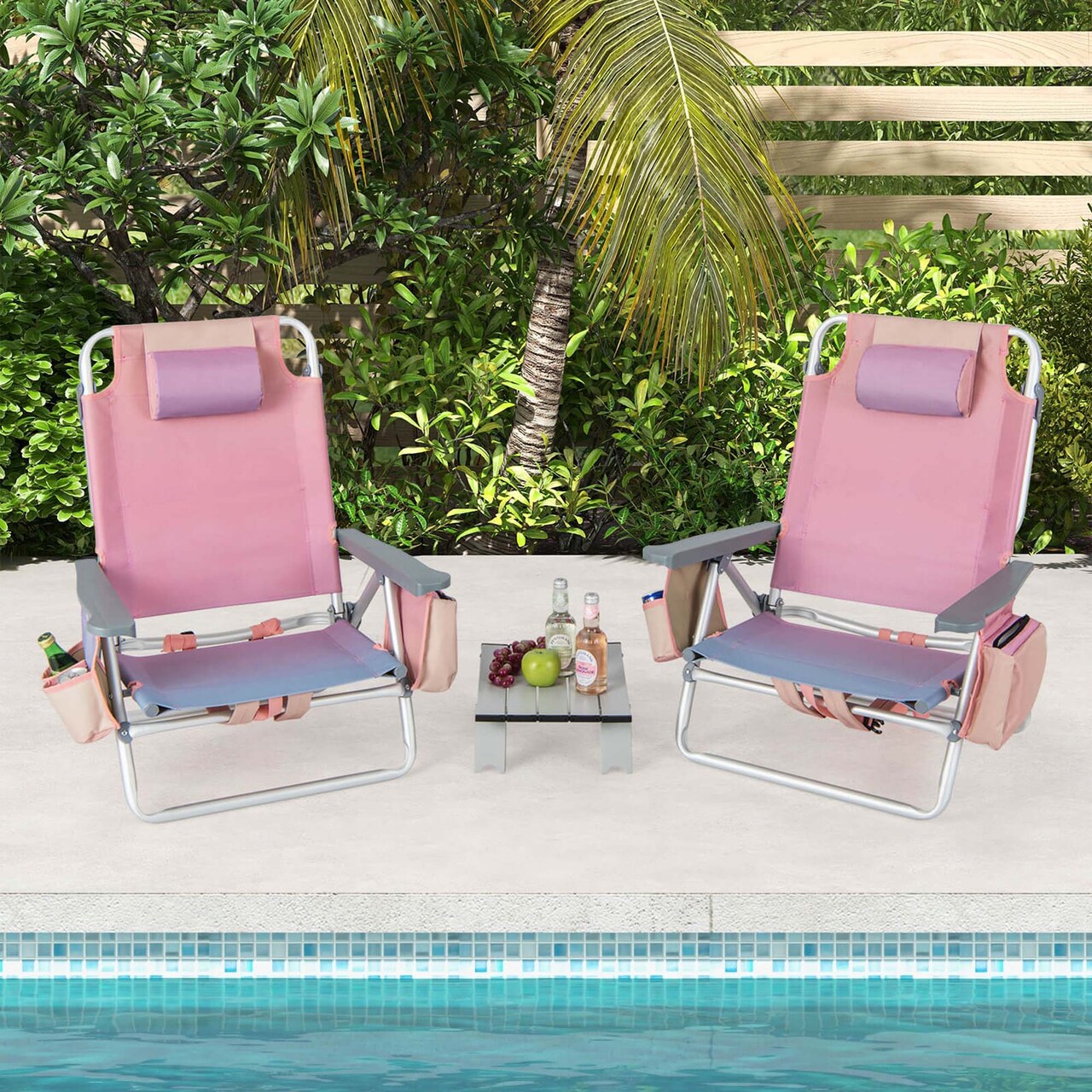 Costway 2-Pack Folding Backpack Beach Chair Table Set 5-Position Outdoor Reclining Chair Blue/Navy/Pink/Pattern/Flower/Yellow